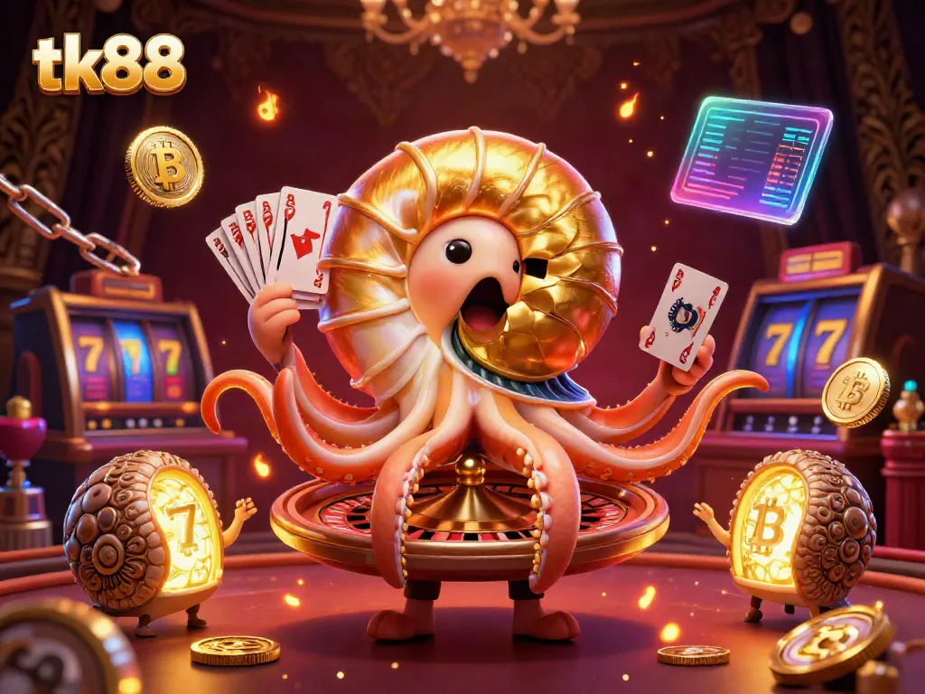 Engage with tk88 through a dynamic casino scene featuring a giant nautilus roulette wheel, glowing ancient companion fossils, and vibrant crypto elements.