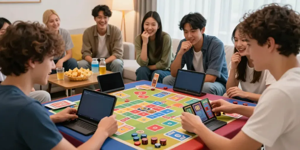 Intense gameplay of Rumble Rummy on smartphone amidst friends in a cozy living room.