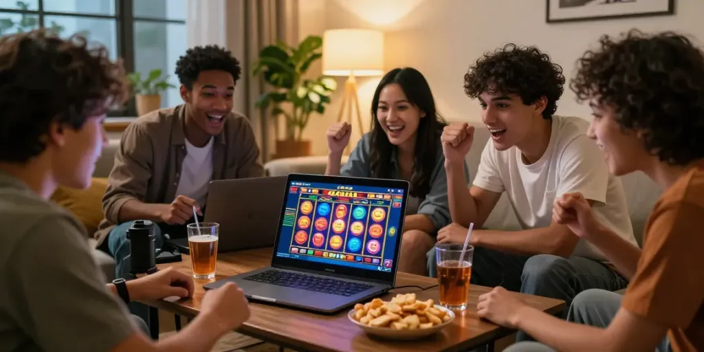 Friends enjoying slot gacor gaming in a cozy living room setting.