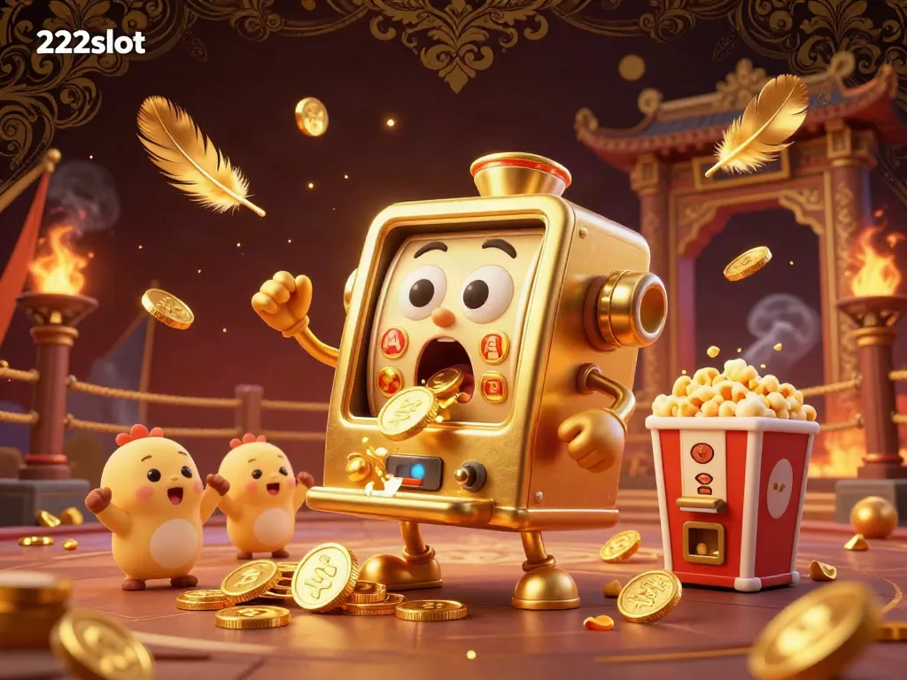 Mesin slot 222slot yang menang jackpot dengan koin berhamburan dan slot kecil bersorak.