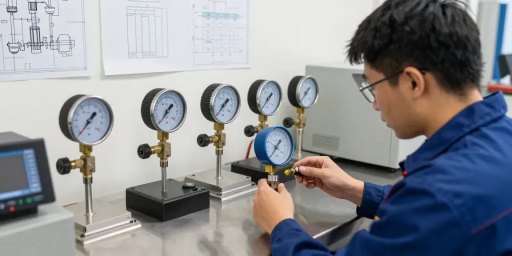 Technician calibrating a flow meter in an industrial workshop setting, showcasing precision measurement tools.
