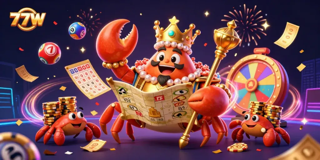 Engaging 3D scene of the golden crab emperor embodying 77W while surrounded by casino elements, celebrating wins.