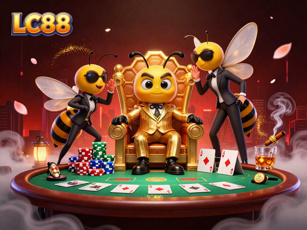 LC88 casino bumblebee mob boss oversees poker table with chips and cards in vibrant illustration