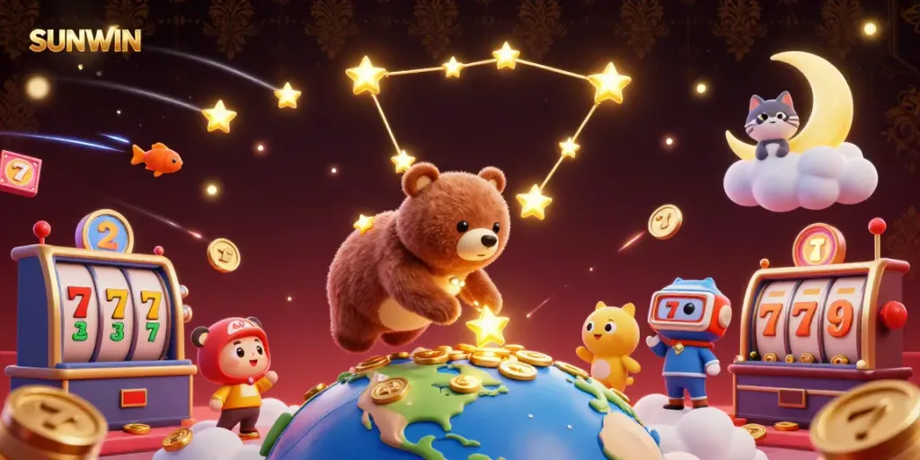SUNWIN captivates with a 3D cosmic scene of a constellation bear and vibrant casino elements.