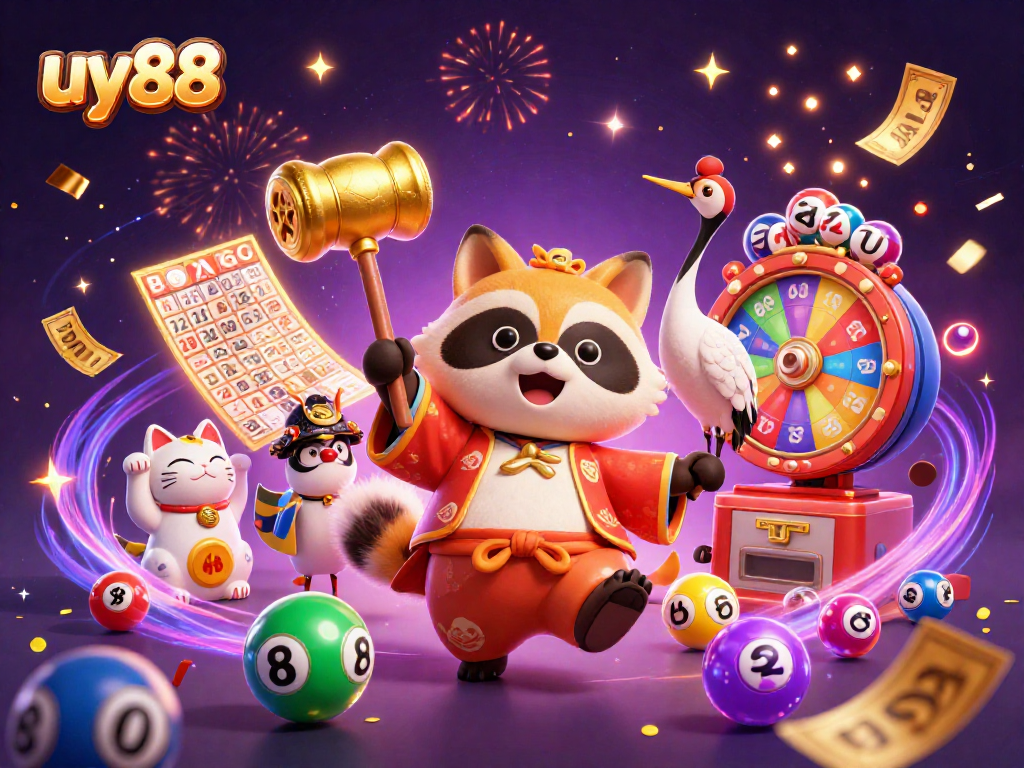 Engage in thrilling experiences at uy88 with colorful lottery elements and a festive tanuki presentation.