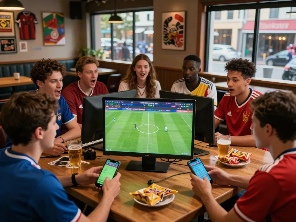 Enthusiastic fans enjoying soccer betting at WWBOLA platform in a lively sports bar.