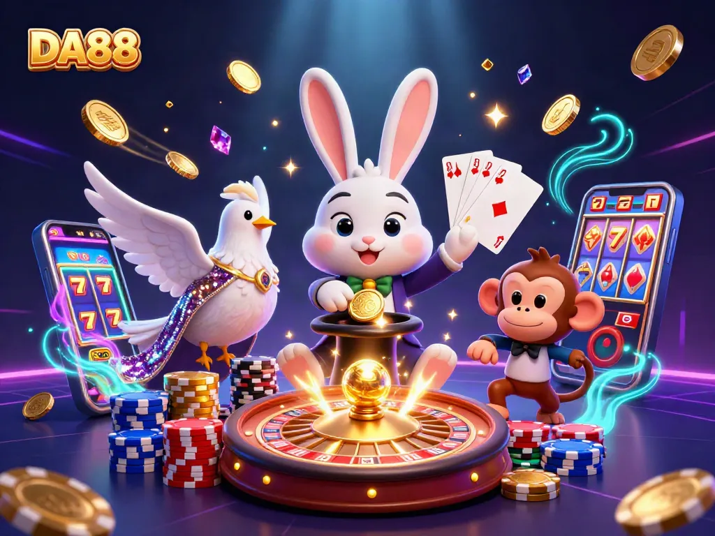 Experience DA88 with a magician rabbit revealing fortune through golden coins amidst gambling excitement.