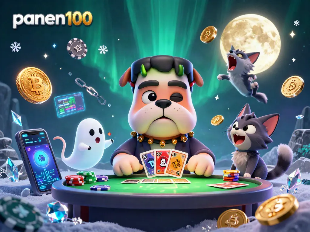 Experience thrilling gameplay with panen100 as a cartoon bulldog deals cards at a spooky casino table.