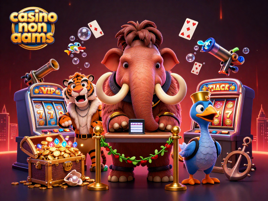 Scopri i migliori casino non AAMS con un mammut bouncer e un tiger VIP in un'ambientazione di gioco vibrante.