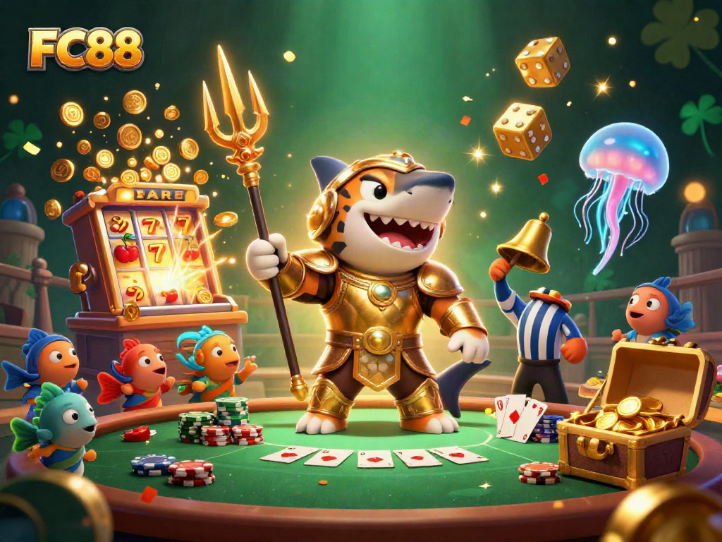 Experience thrilling gameplay at FC88 with a fierce shark, vibrant slot machine, and poker game visuals.
