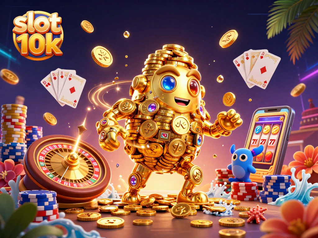 Menangkan slot 10k dengan simbol slot yang berharga dan koin emas berkilau berterbangan.
