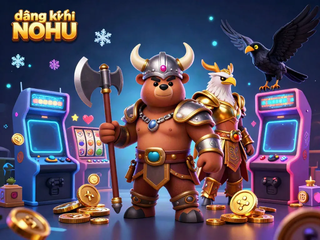 Engage with thrilling gameplay at đăng ký NOHU, featuring a Viking bear and Valkyrie eagle in an exciting casino scene.