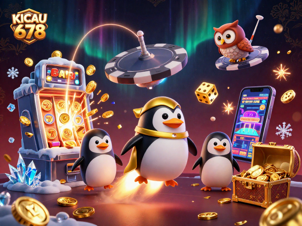 KICAU678 captures excitement with a golden penguin launching towards a jackpot at a casino