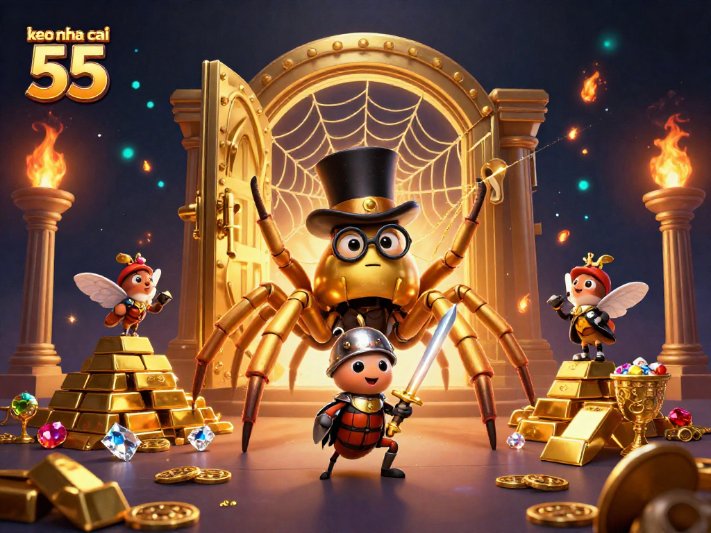Engage with keo nha cai 55 in a fantastical casino scene filled with gold treasures and dynamic characters.