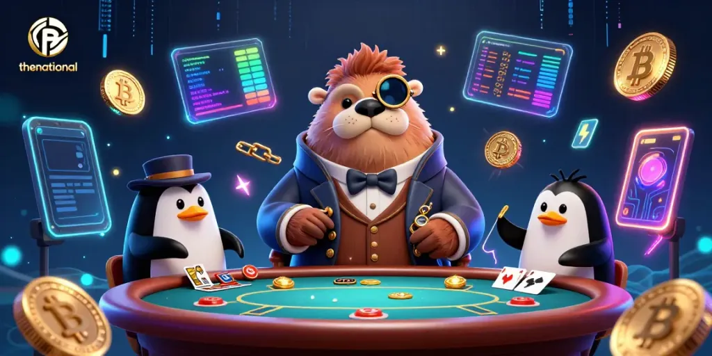 thenational showcases a jolly walrus and penguin at an underwater poker game, embodying rich gaming dynamics.