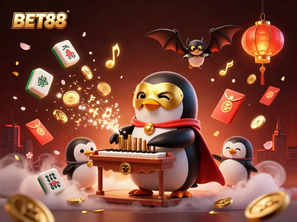 Experience the thrill of BET88 with a vibrant casino world featuring a phantom penguin and golden coins.