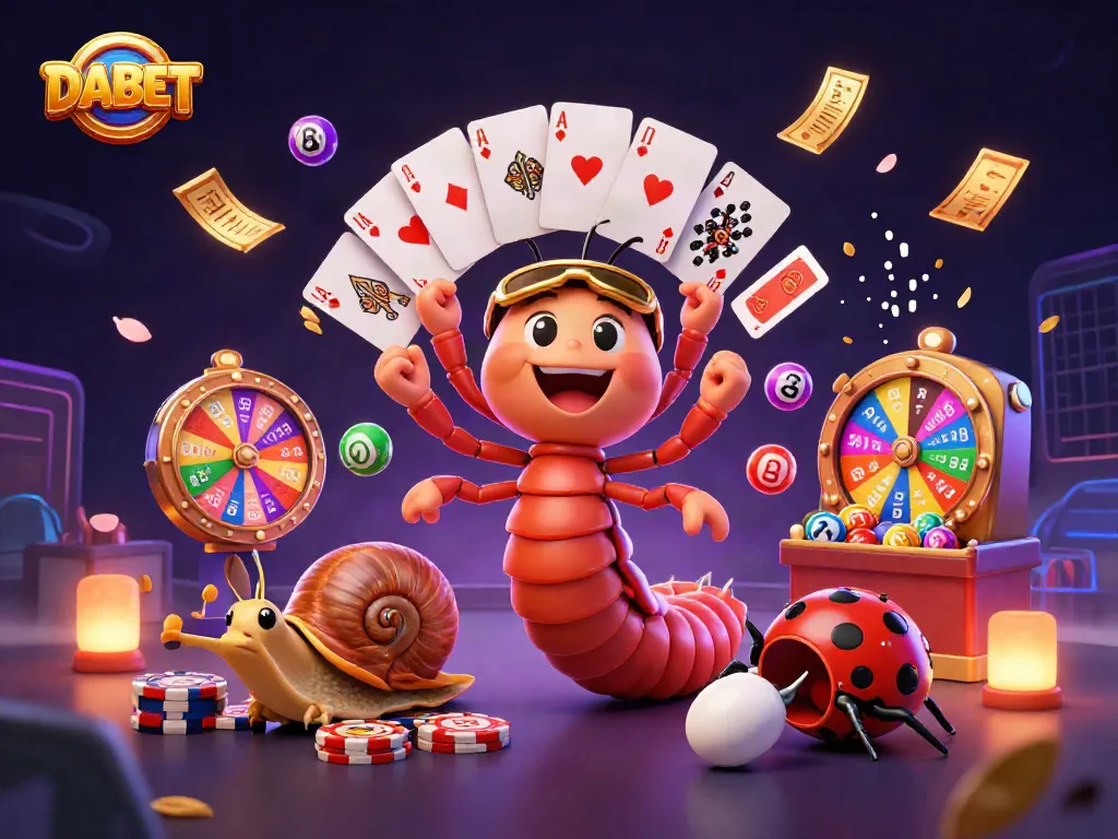 DABET brings excitement to the game with a colorful illustration of casino characters and vibrant gaming elements.
