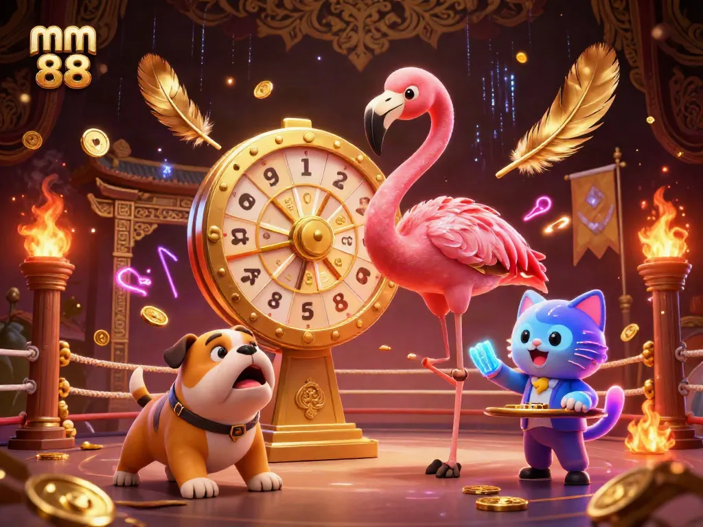 Catch the excitement at mm 88 as a flamingo spins a prize wheel alongside a jumping bulldog and a prize-revealing cat.