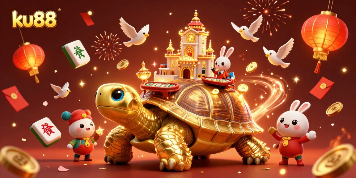 Engage with ku88's thrilling casino experience featuring a cartoon tortoise, dealer, and a festive atmosphere.