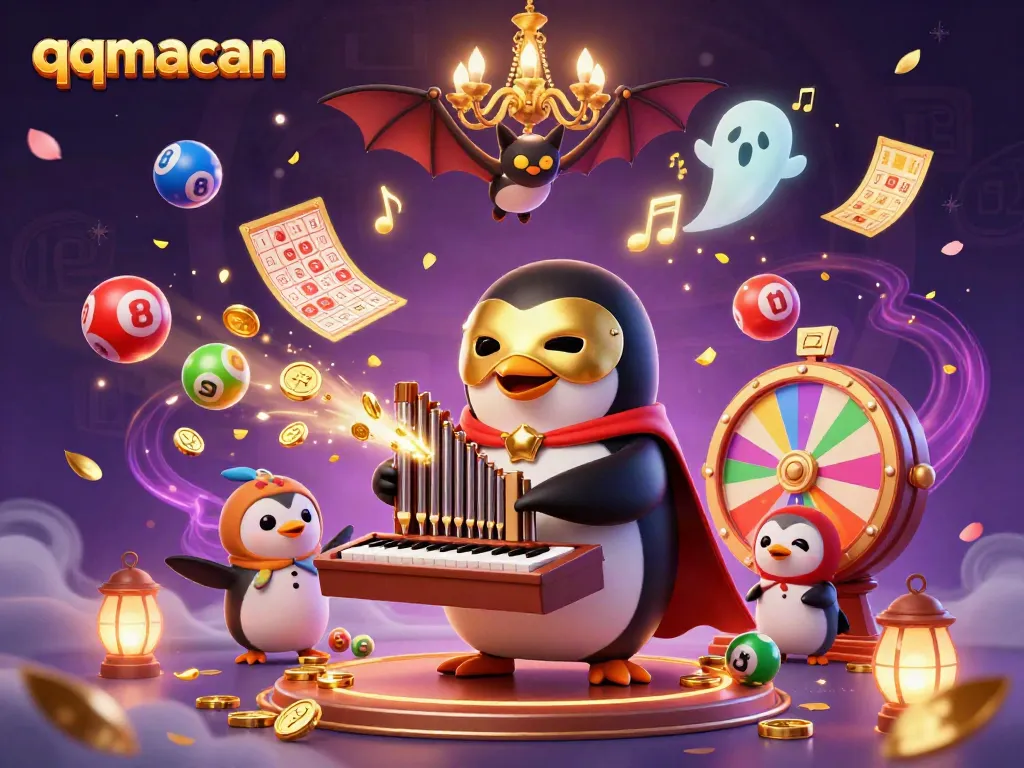 qqmacan scene featuring a penguin playing an organ that releases golden coins, surrounded by lottery elements.
