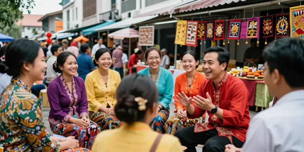Friends celebrating nyonya4d culture in vibrant urban gathering, showcasing tradition and community spirit in colorful attire.