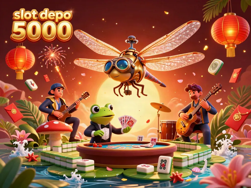 Experience thrilling gameplay at slot depo 5000 with a lively casino scene featuring a dragonfly pilot and frog dealer.