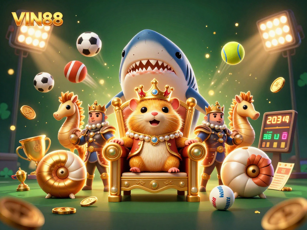 Engage with the thrilling world of VIN88 through a fierce hamster king ruling from a megalodon throne.