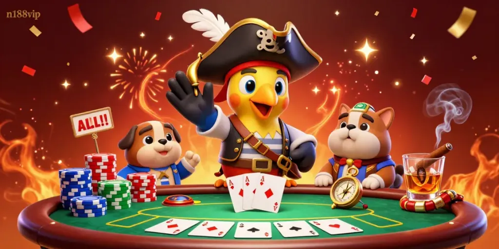 Experience excitement at n188vip with vibrant casino scenes featuring a pirate captain and colorful poker games.