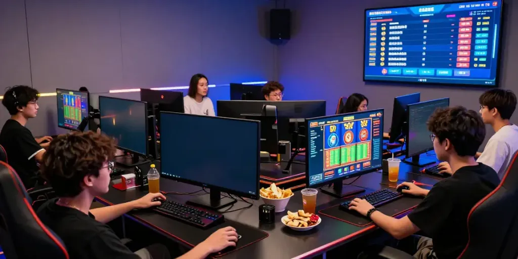 Exciting online gaming scene on Bro138 showing players engaged with vibrant slot games and modern gaming equipment.