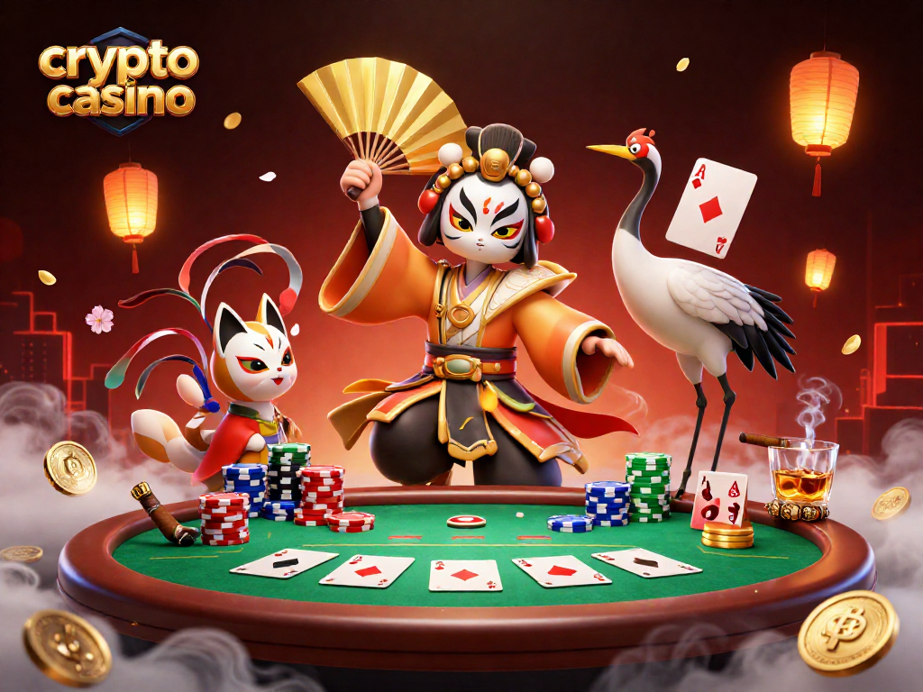Engage with the exciting crypto casino scene featuring poker action, kabuki warriors, and vibrant game elements.