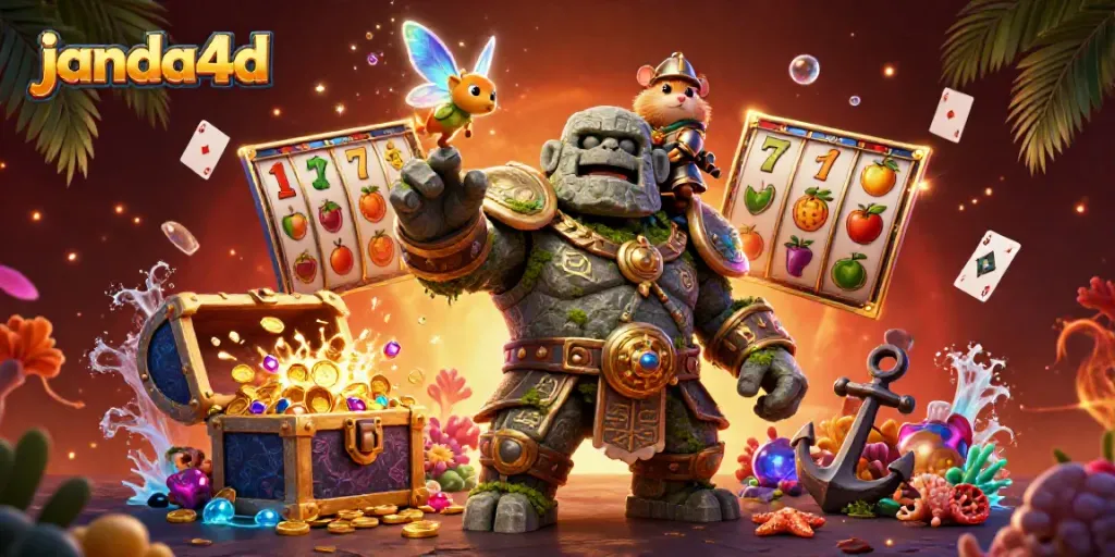 Permainan janda4d dengan penjaga golem kuno dan si kecil peri pencerdas di dunia slot online.