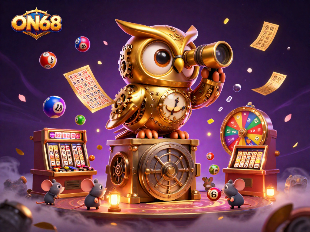 ON68 showcases a whimsical gaming scene with a golden owl and vibrant lottery elements, perfect for casino lovers.