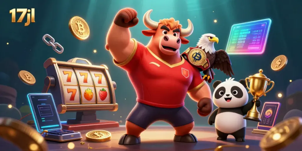 Engage with 17jl's dynamic casino scene featuring a victorious bull mascot, eagle champion, and trophy panda.