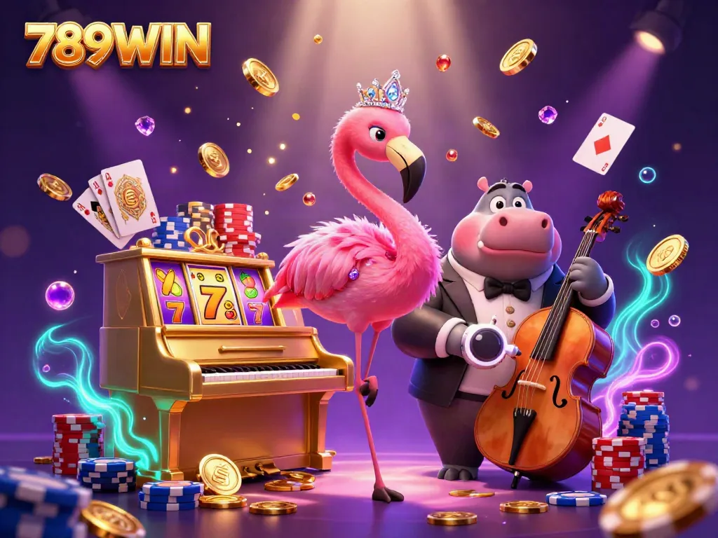 Engage with 789WIN's vibrant casino scene featuring a flamingo singer, hippo bassist, and dazzling elements.