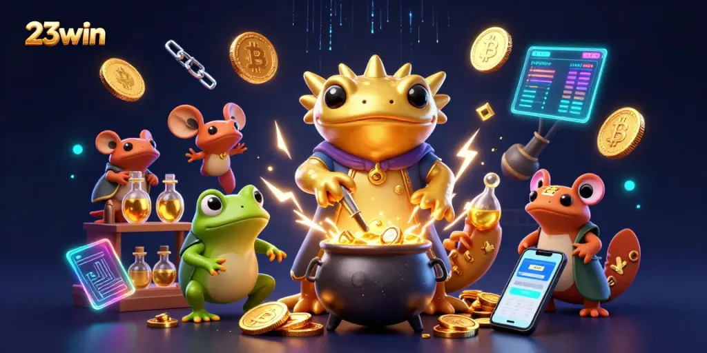 Experience thrilling gameplay with 23win's vibrant, magical casino atmosphere featuring golden elements and crypto symbols.