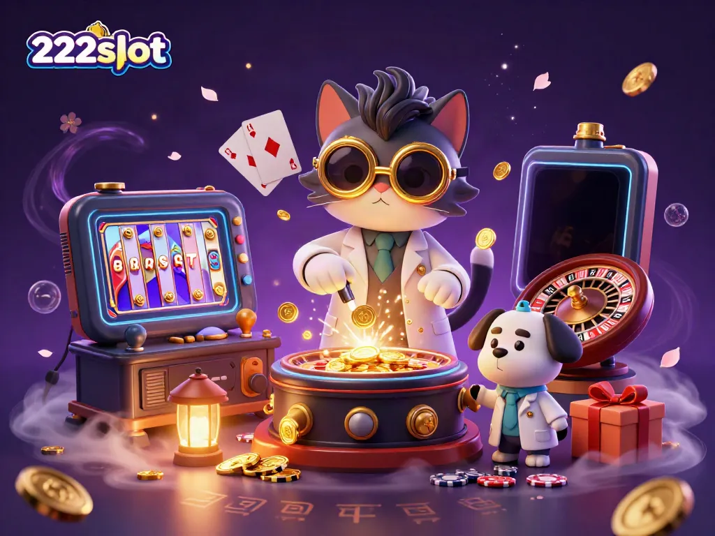 Mainkan 222slot dengan mesin pencetak koin emas di lab ilmuwan kucing, dikelilingi permainan slot.