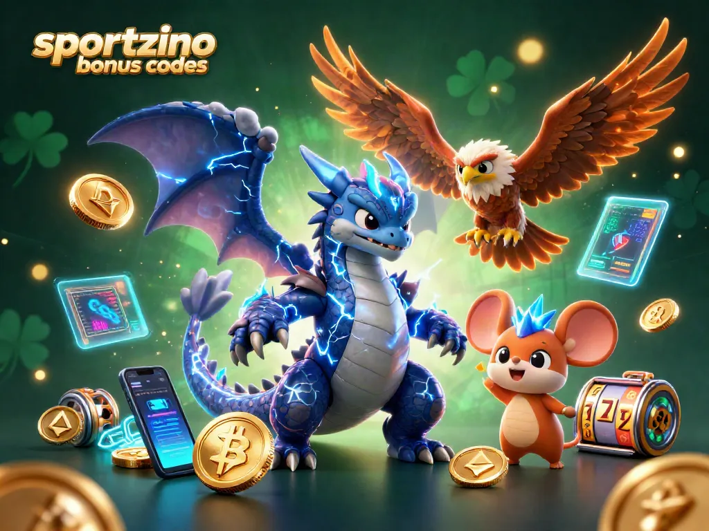 Engage with sportzino bonus codes for thrilling wins in a vibrant casino scene featuring dragons and coins.