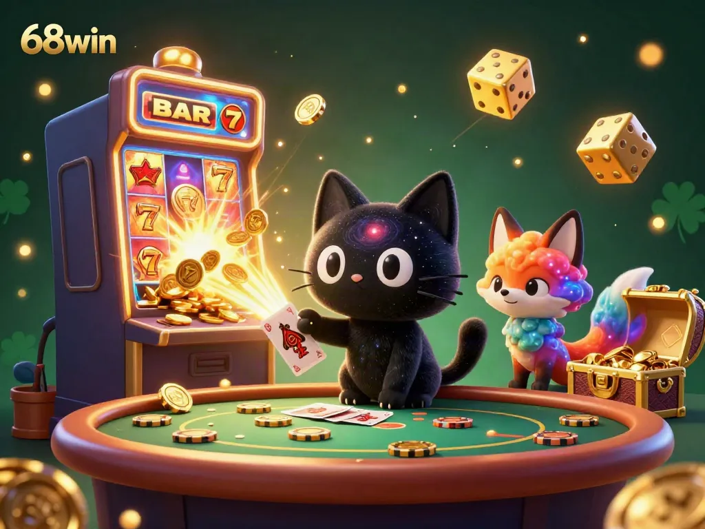 Experience the vibrant universe of 68win with a cosmic casino scene featuring playful characters and exciting gaming elements.