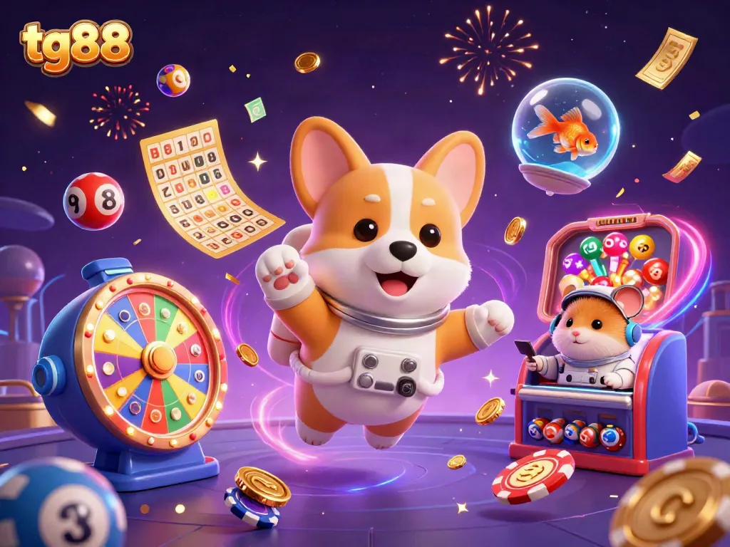 Join the exciting adventure of tg88 with a floating corgi astronaut and vibrant casino elements, showcasing thrilling gaming experiences.
