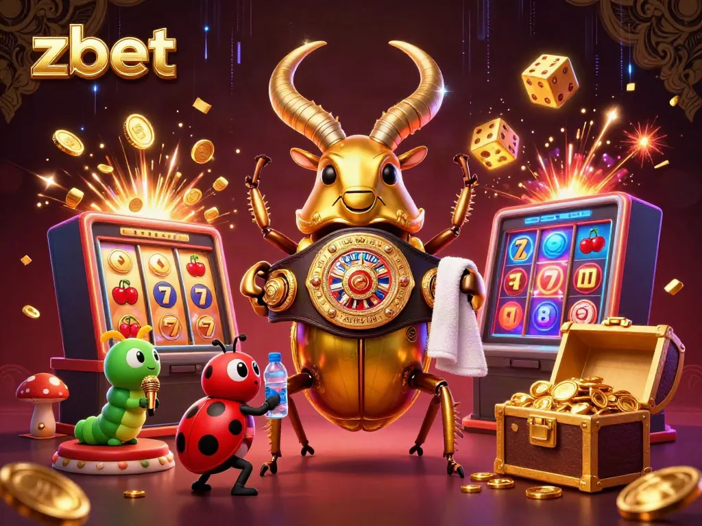 Zbet features an exciting scene with colorful slot machines, characters, and jackpot elements bursting with action.