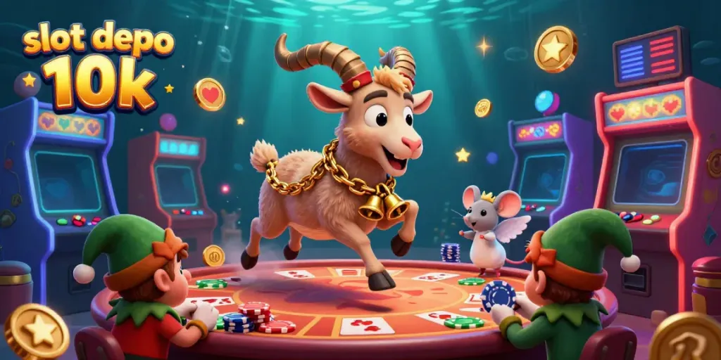 Engage with the festive casino experience of slot depo 10k featuring playful characters amidst colorful gaming excitement.