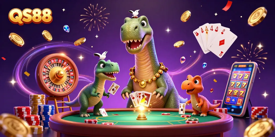 Experience excitement at QS88 with vibrant casino elements showcasing a playful dinosaur scene.