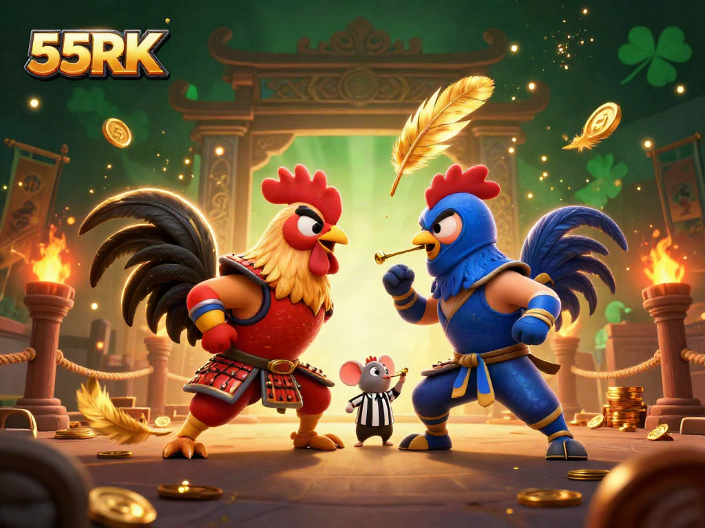 Experience thrilling standoffs with 55RK's fighting roosters in an energetic casino scene.