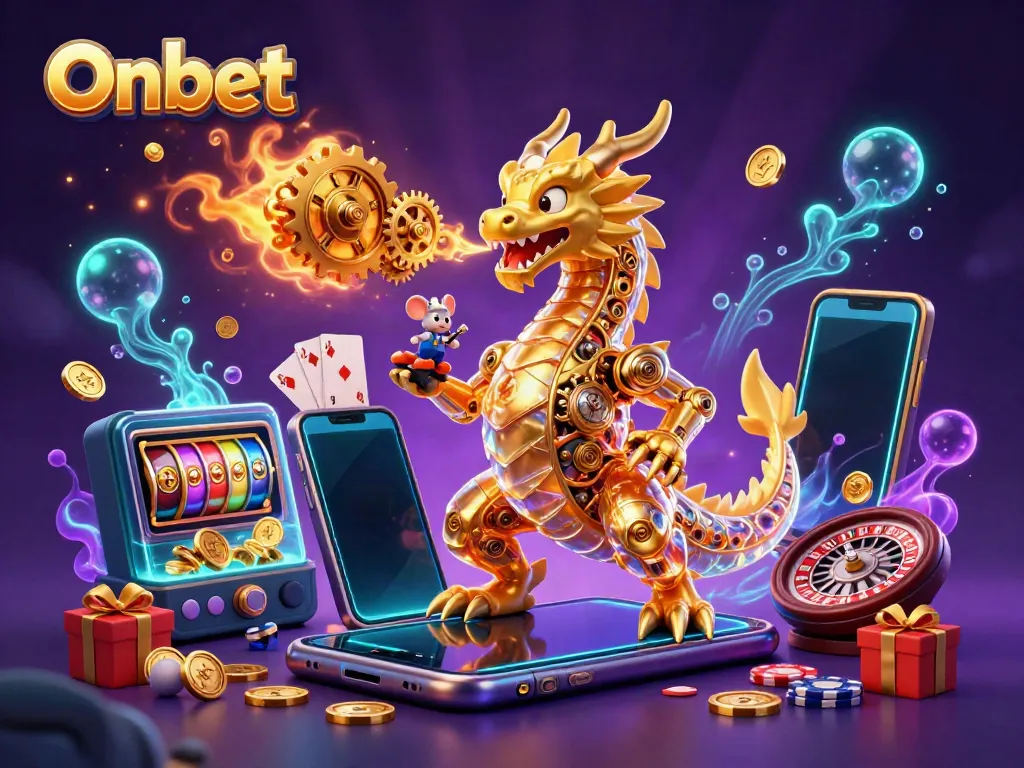 Play games and win big with Onbet in a vibrant casino environment featuring a golden dragon.