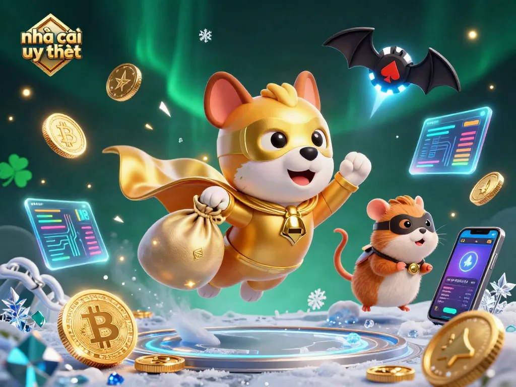 Engage with nhà cái uy tín in this vibrant illustration of a superhero dog collecting gold coins amidst digital elements.