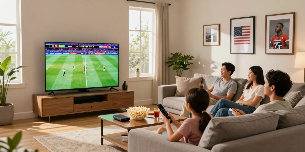 Family enjoying the Best IPTV Service in the USA 2026 while watching a sports game together in a modern living room.