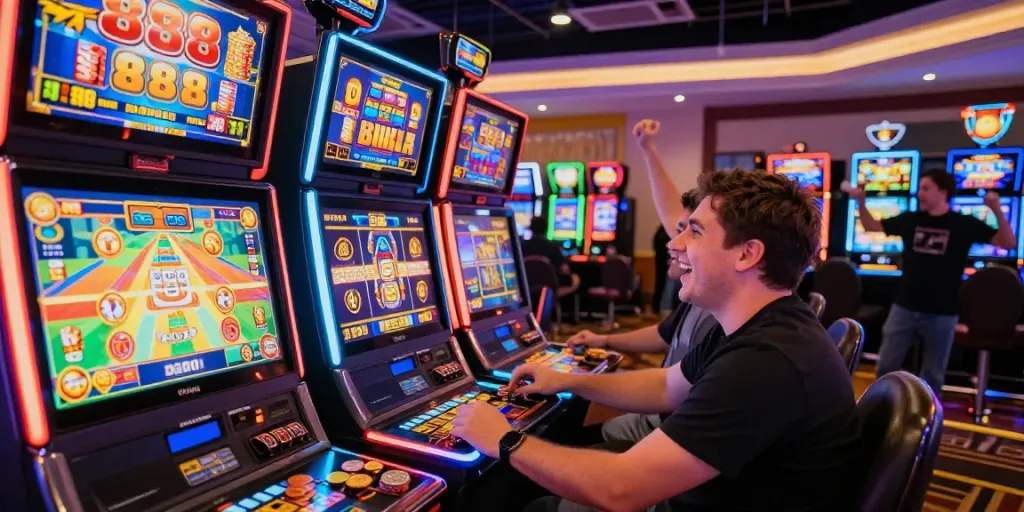 Exciting slot888 gaming experience at a vibrant casino with players and colorful slot machines.