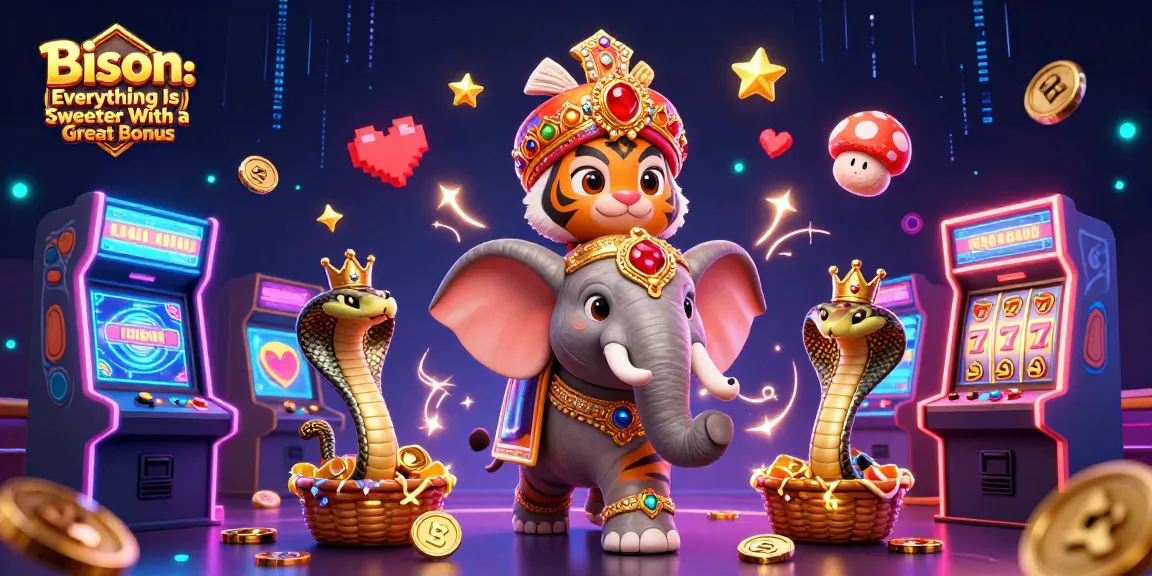 Bison Casino: Everything Is Sweeter With a Great Bonus, showcasing thrilling slot reels and vibrant game elements around a charming 3D scene.