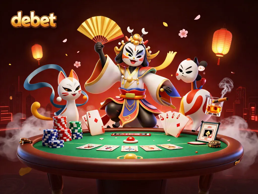 Engage with debet through vibrant casino-themed 3D illustration featuring kabuki warrior.