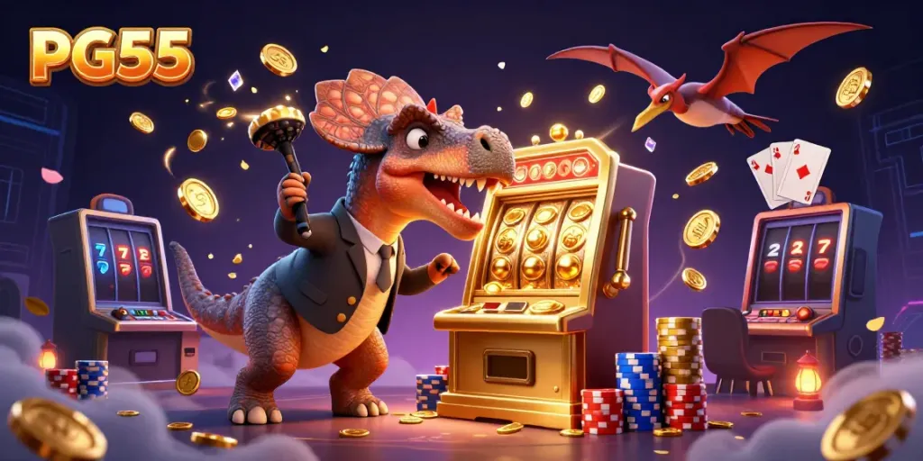 PG55 jackpot scene with cartoon dinosaurs and cascading coins in a vibrant casino setting